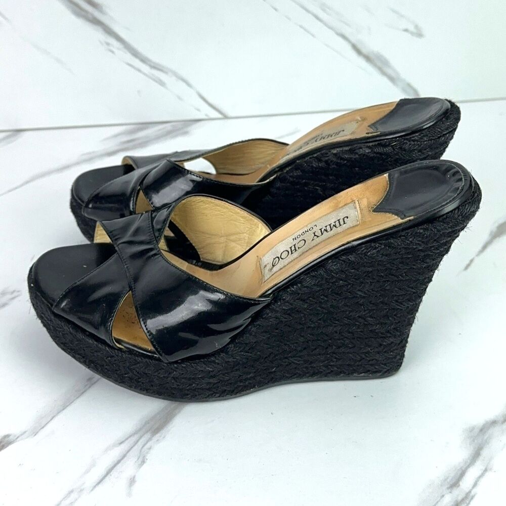 Jimmy Choo Phyllis Patent Black Espadrilles Wedge Sandals London Size EU 39 US 9 - Picture 3 of 8